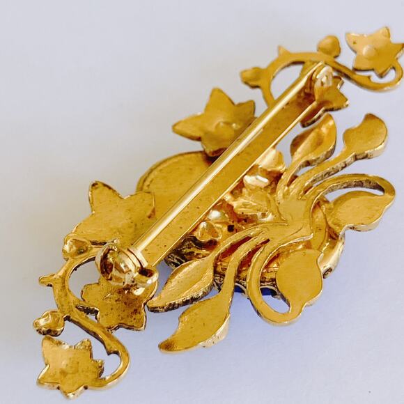 VTG 60s Gold Tone Ivy Leaf Brooch Blue Art Glass Cabochon Victorian Revival Pin - Picture 9 of 11